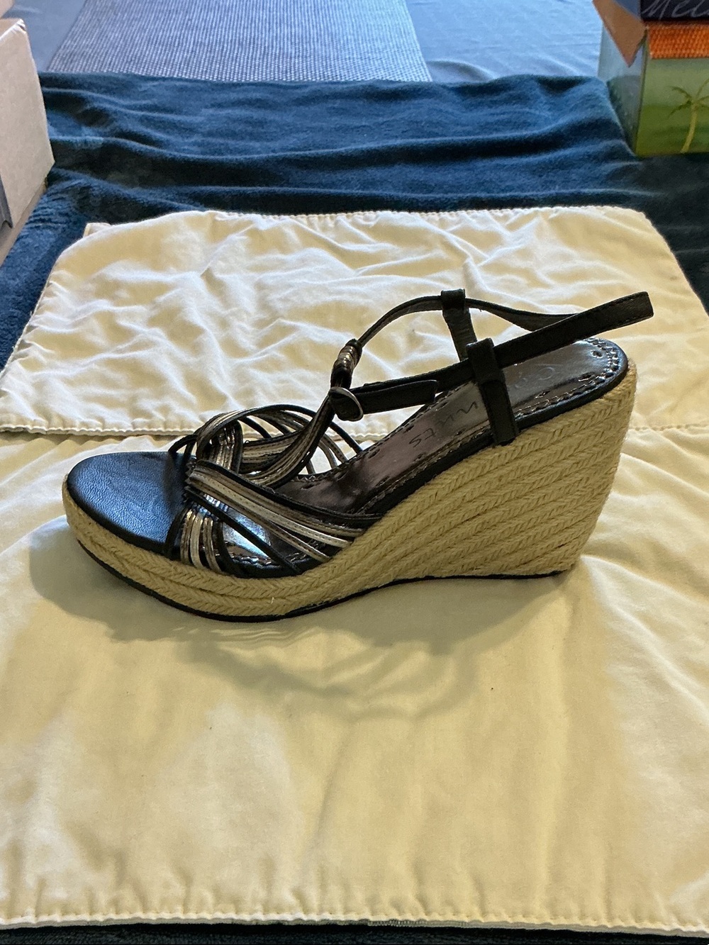 Coconuts by Matisse Black and Metallic Espadrille Wedge Sandals
